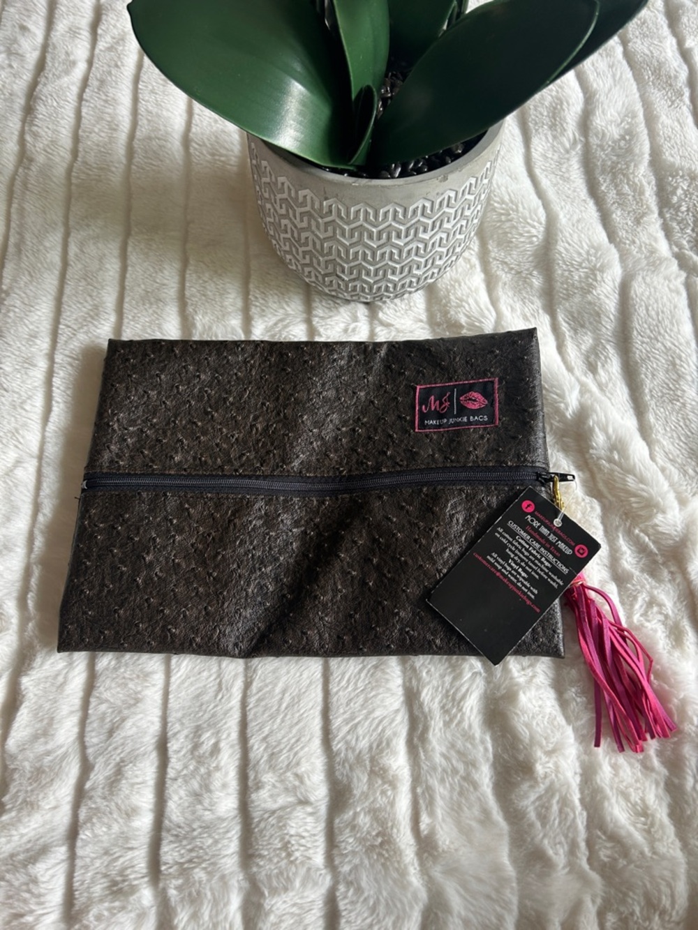 M&J Makeup Pouch Clutch in Dark Brown with Pink Tassel